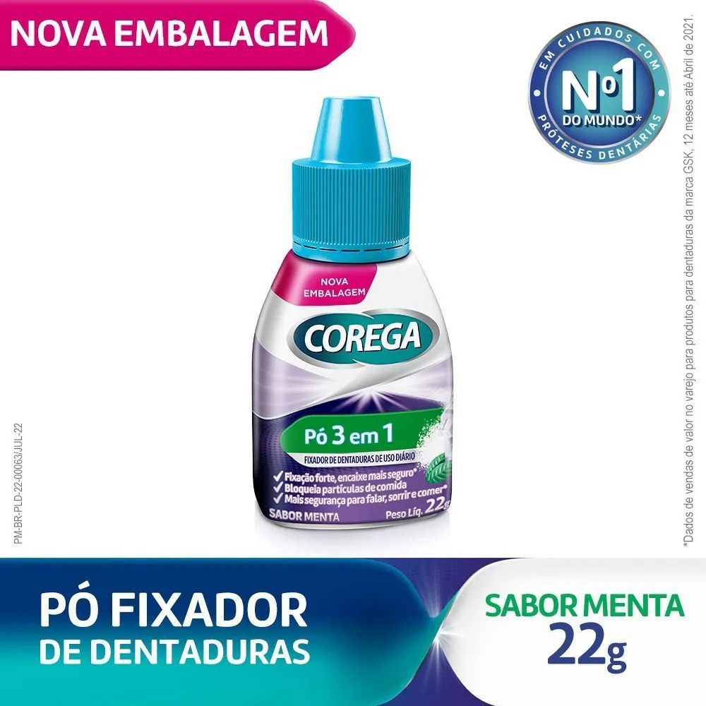 Corega Pó Fixador De Dentadura, Forte Fixação, Sabor Menta 22g — foto do produto em fundo branco
