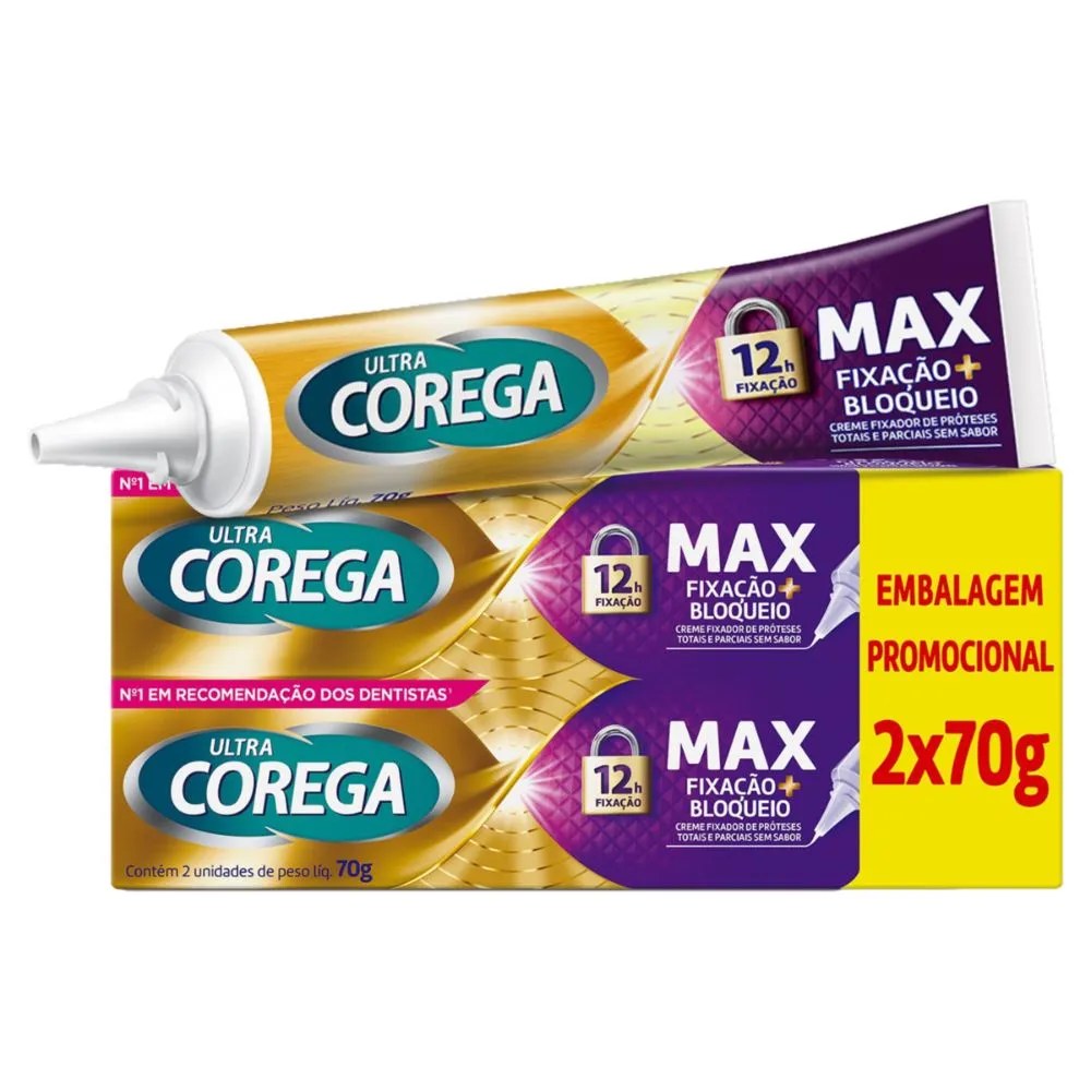 Creme Fixador De Dentadura Ultra Corega Max Fixação E Bloqueio 2 Unidades 70g Cada — foto do produto em fundo branco