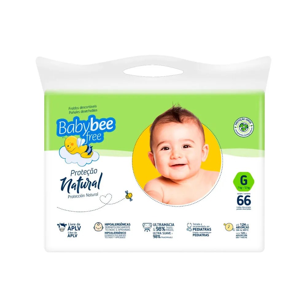 Fralda Baby Bee Free Tamanho G Protecao Natural Com 66 Unidades — foto do produto em fundo branco