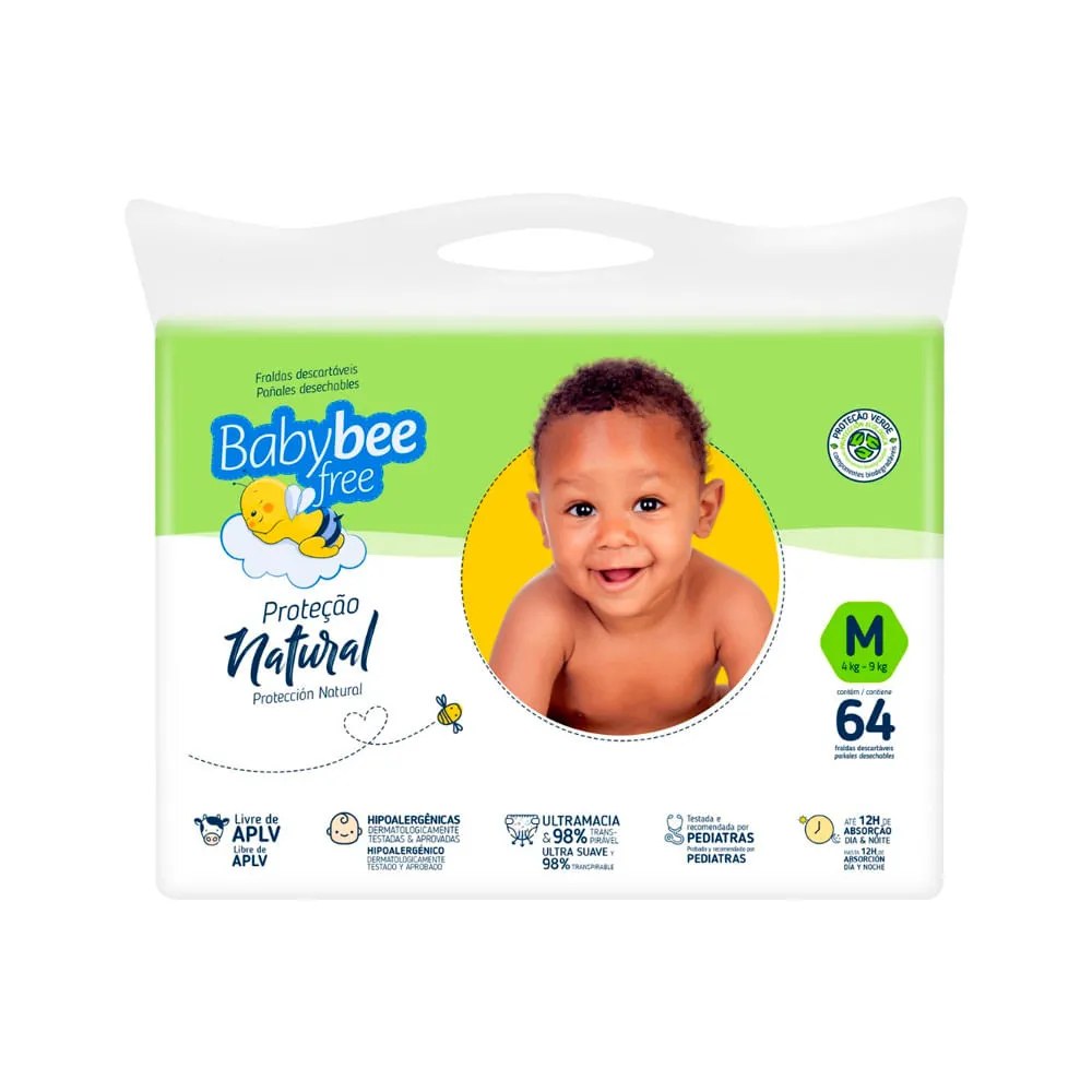 Fralda Baby Bee Free Tamanho M Protecao Natural Com 64 Unidades — foto do produto em fundo branco