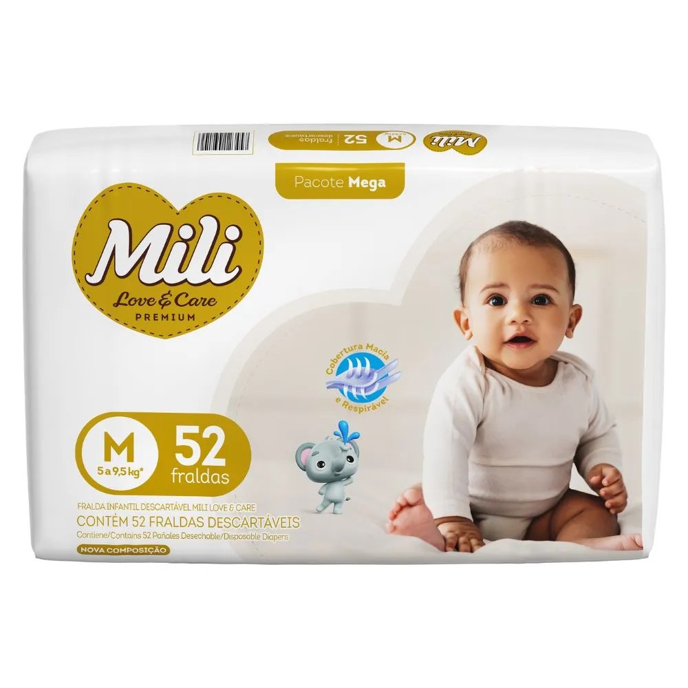 Fralda Mili Love E Care M Mega Com 52 Unidades — foto do produto em fundo branco