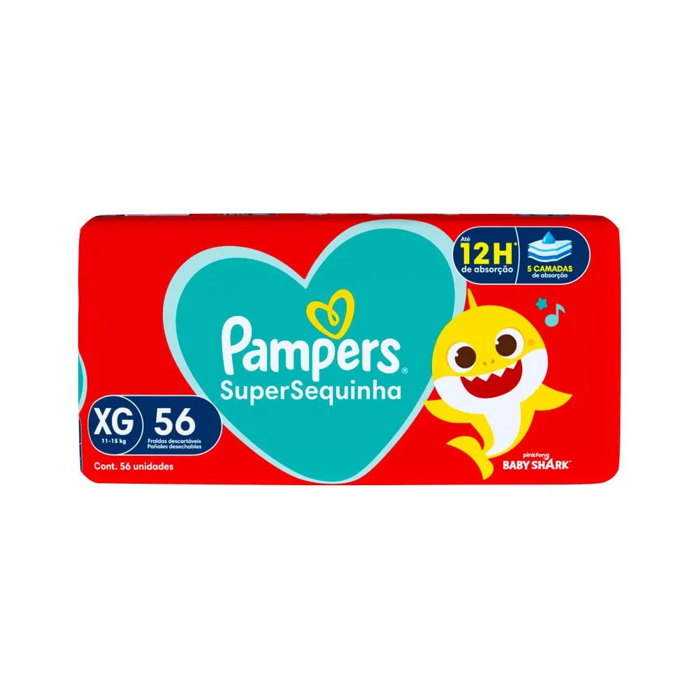Fralda Pampers Supersequinha Baby Shark Xg 56 Unidades — foto do produto em fundo branco