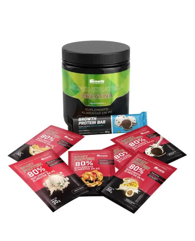 Kit Sabores: Barra de Proteína 30gCaixa com 12 UN + Creatina Monohidratada 250Gr + Dose 30Gr Whey Protein Concentrado 80% - Chocolate C/ Amendoim + Banana + Caramelo + Mousse De — foto do produto em fundo branco