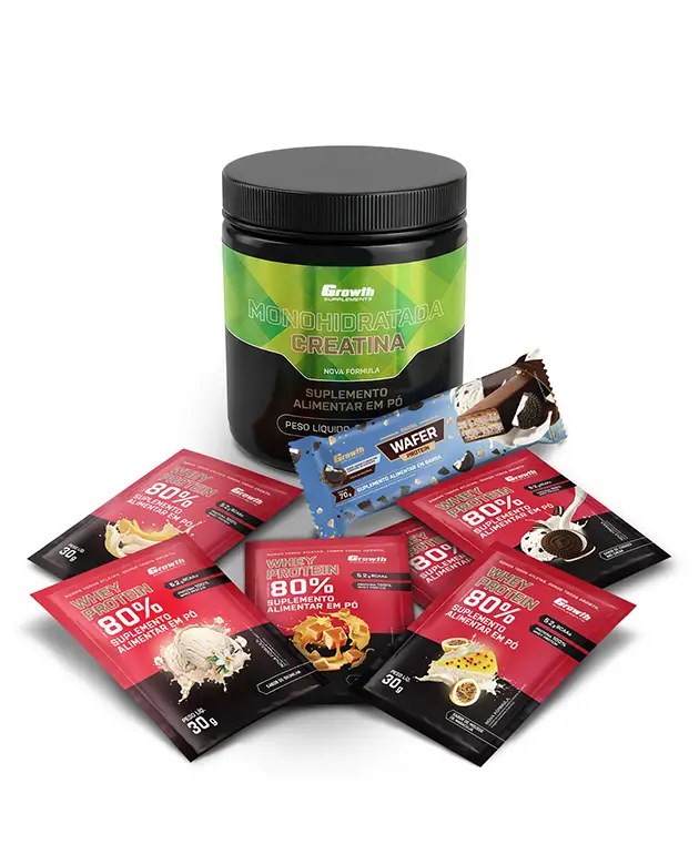 Kit Sabores: Barra Wafer + Creatina Monohidratada 250Gr + Dose 30Gr Whey Protein Concentrado 80% - Chocolate Com Amendoim + Banana + Caramelo + Mousse De Maracujá + Cookies + Bauni — foto do produto em fundo branco