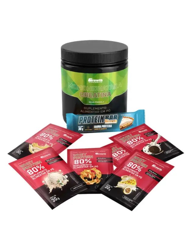 Kit Sabores: Protein Bar 30gCaixa com 12 UN + Creatina Monohidratada 250Gr + Dose 30Gr Whey Protein Concentrado 80% - Chocolate C/ Amendoim + Banana + Caramelo + Mousse De Maracu — foto do produto em fundo branco