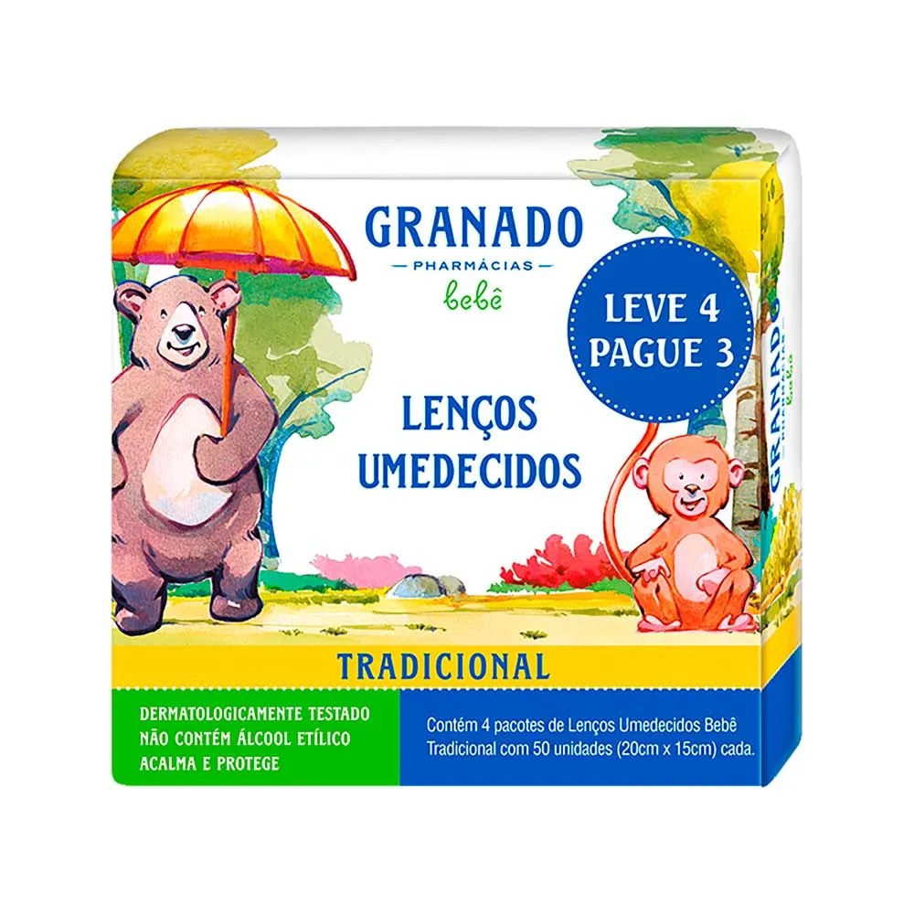 Lenco Umedecido Granado Bebe Leve 4 Pague 3 Com 50 Unidades Cada Tradicional Especial — foto do produto em fundo branco