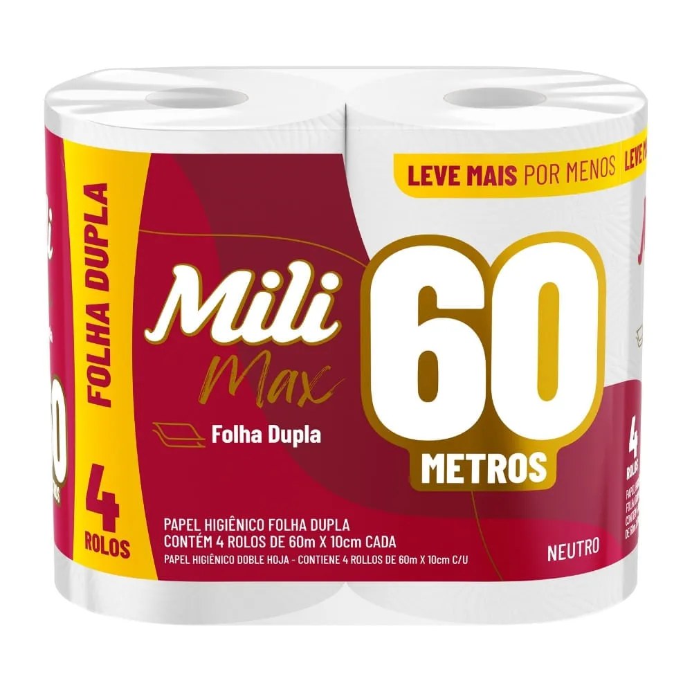 Papel Higiênico Folha Dupla Mili Max 4 Unidades 60m Cada — foto do produto em fundo branco