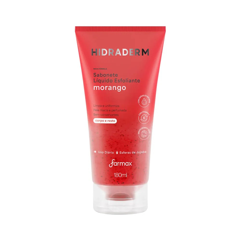 Sabonete Liquido Esfoliante Hidraderm Morango 180ml — foto do produto em fundo branco